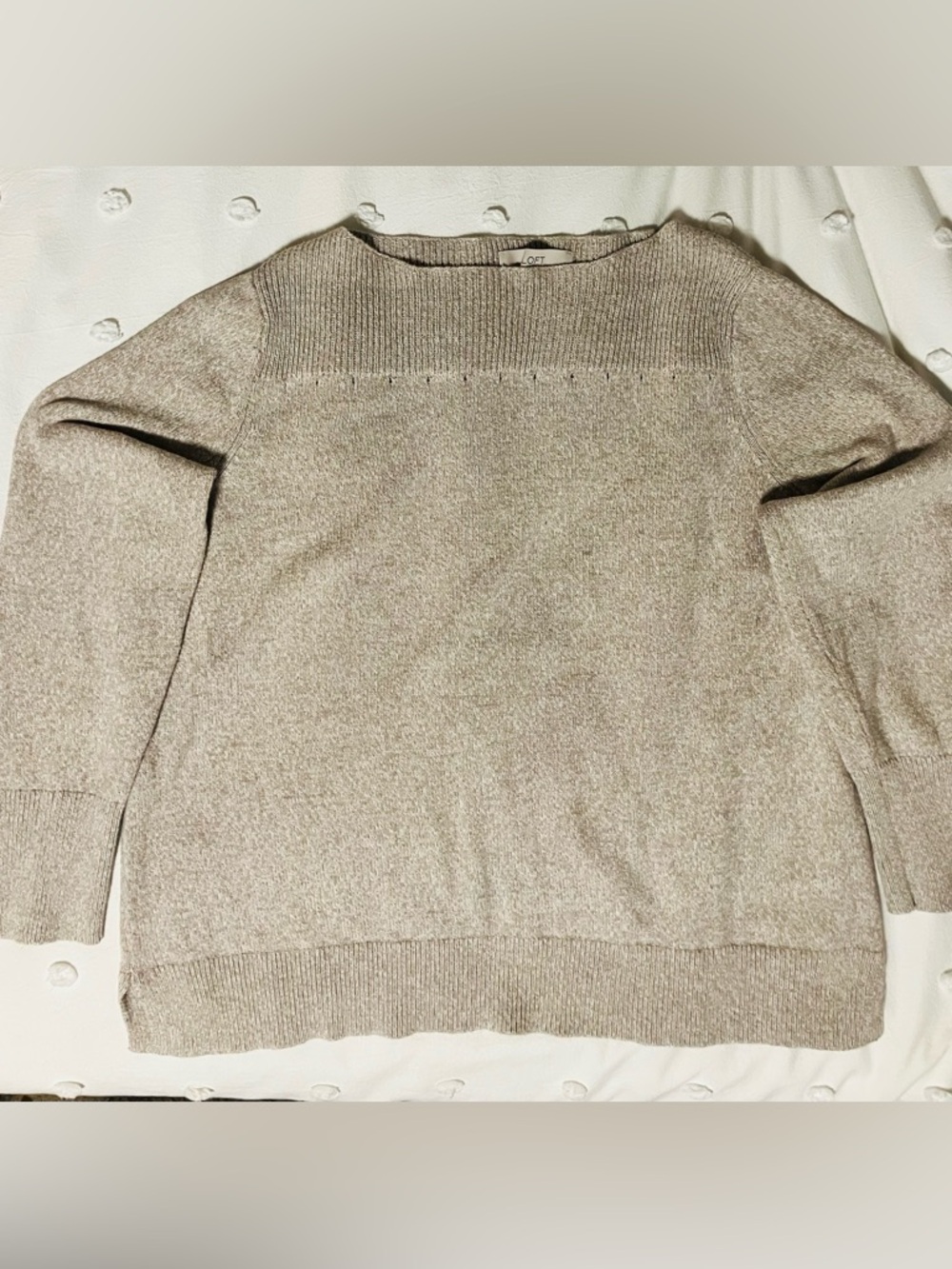 LOFT 100% Cotton Mixed Knit Boat Neck Sweater - Heather Oatmeal